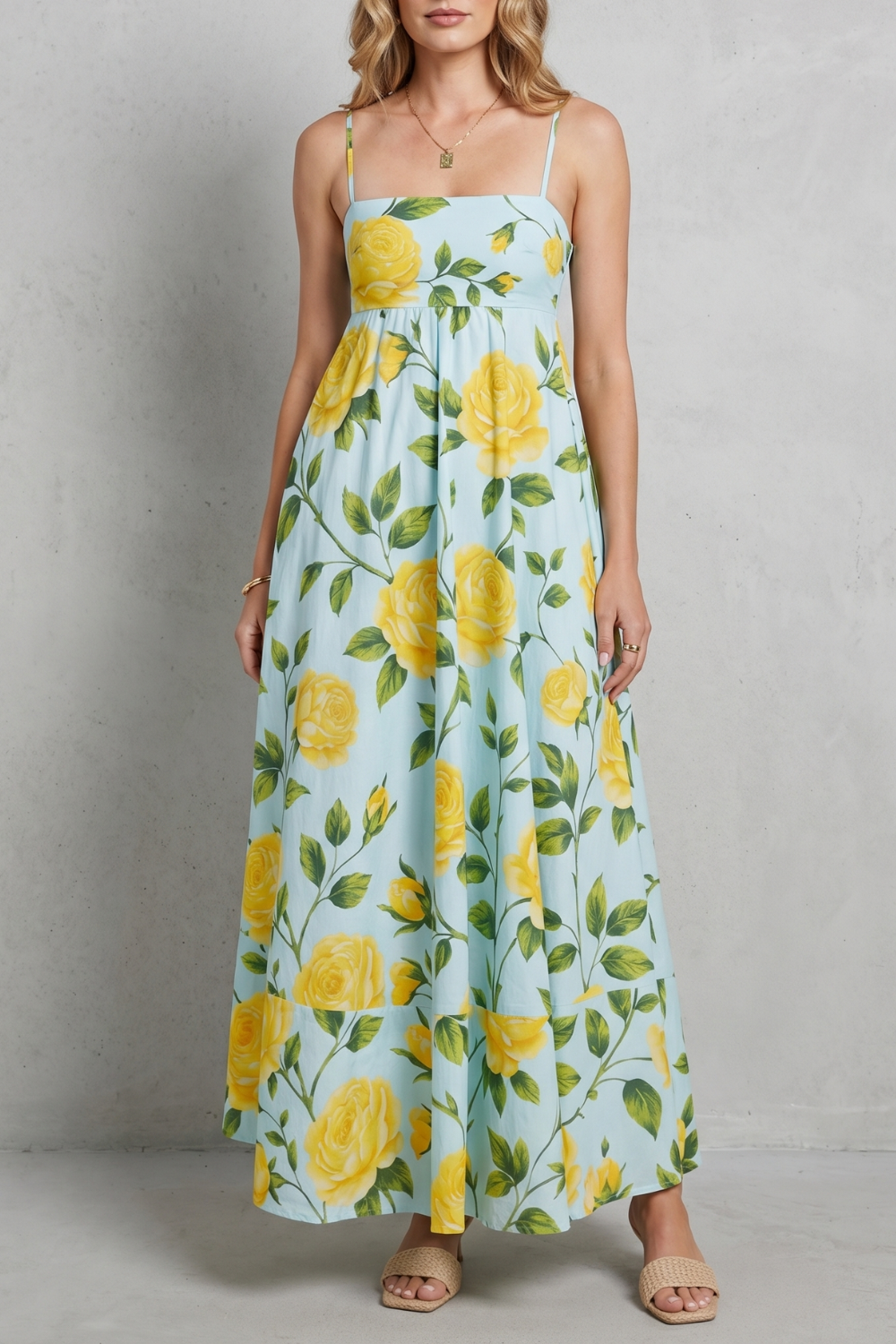 Roselune – Vestido maxi floral com decote quadrado