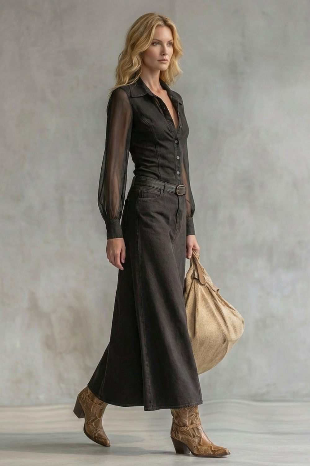 Savannah – Vestido Camisão Jeans com Manga Transparente – Estilo Western Marcante