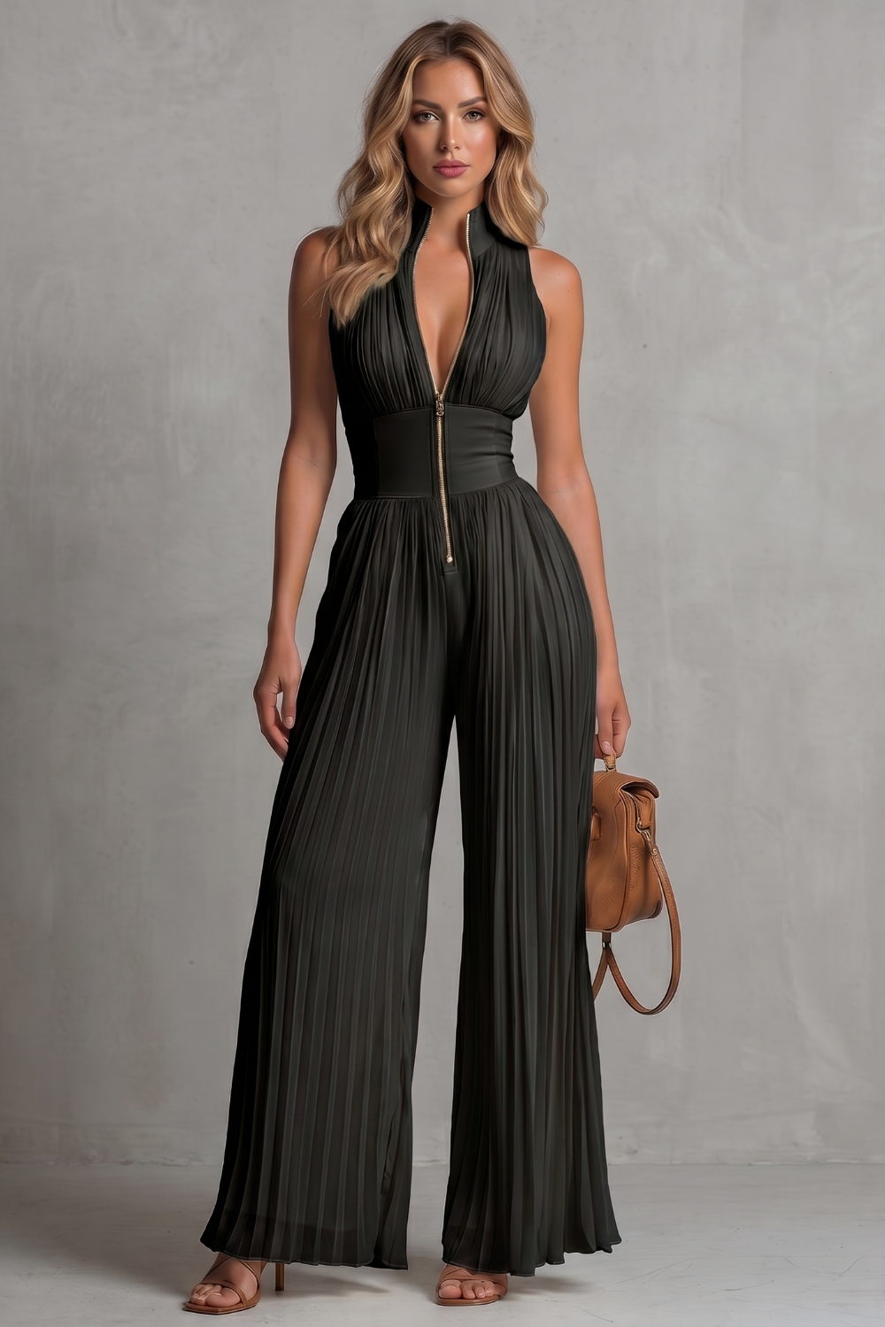 Seraphina – Elegância de halter plissado – Macacão de perna larga