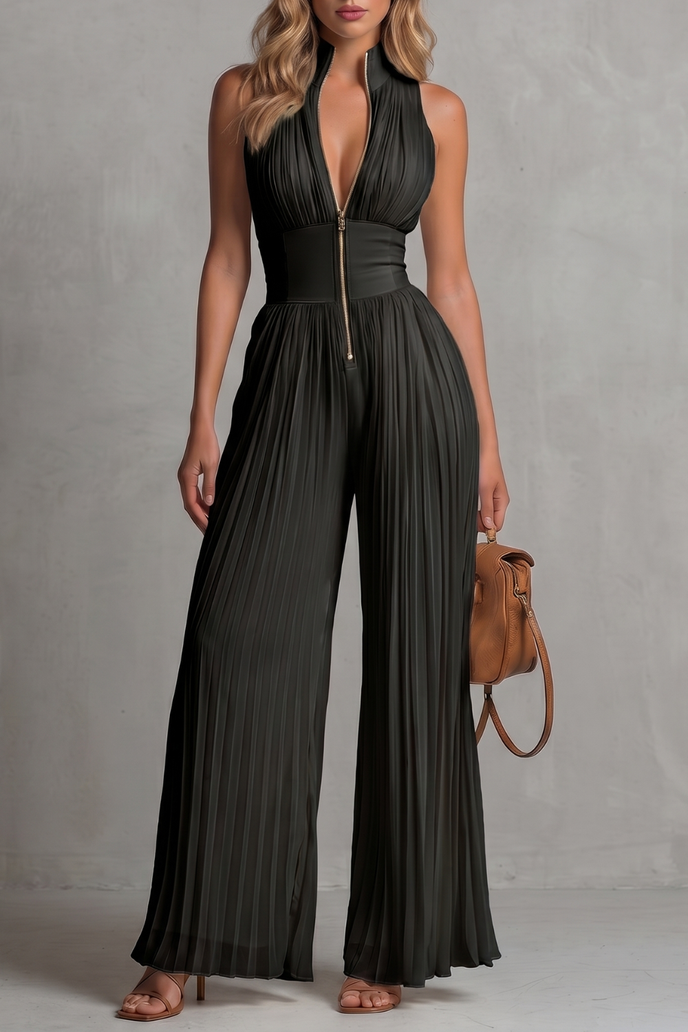 Seraphina – Elegância de halter plissado – Macacão de perna larga