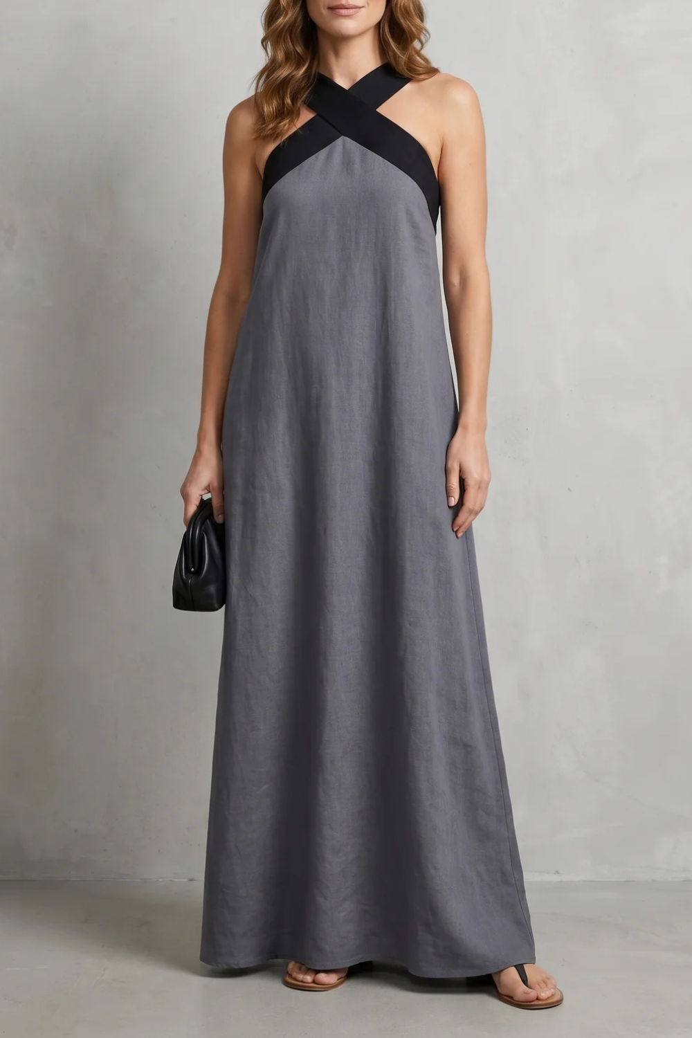 Seravelle – Elegância frente única cruzada – Vestido longo