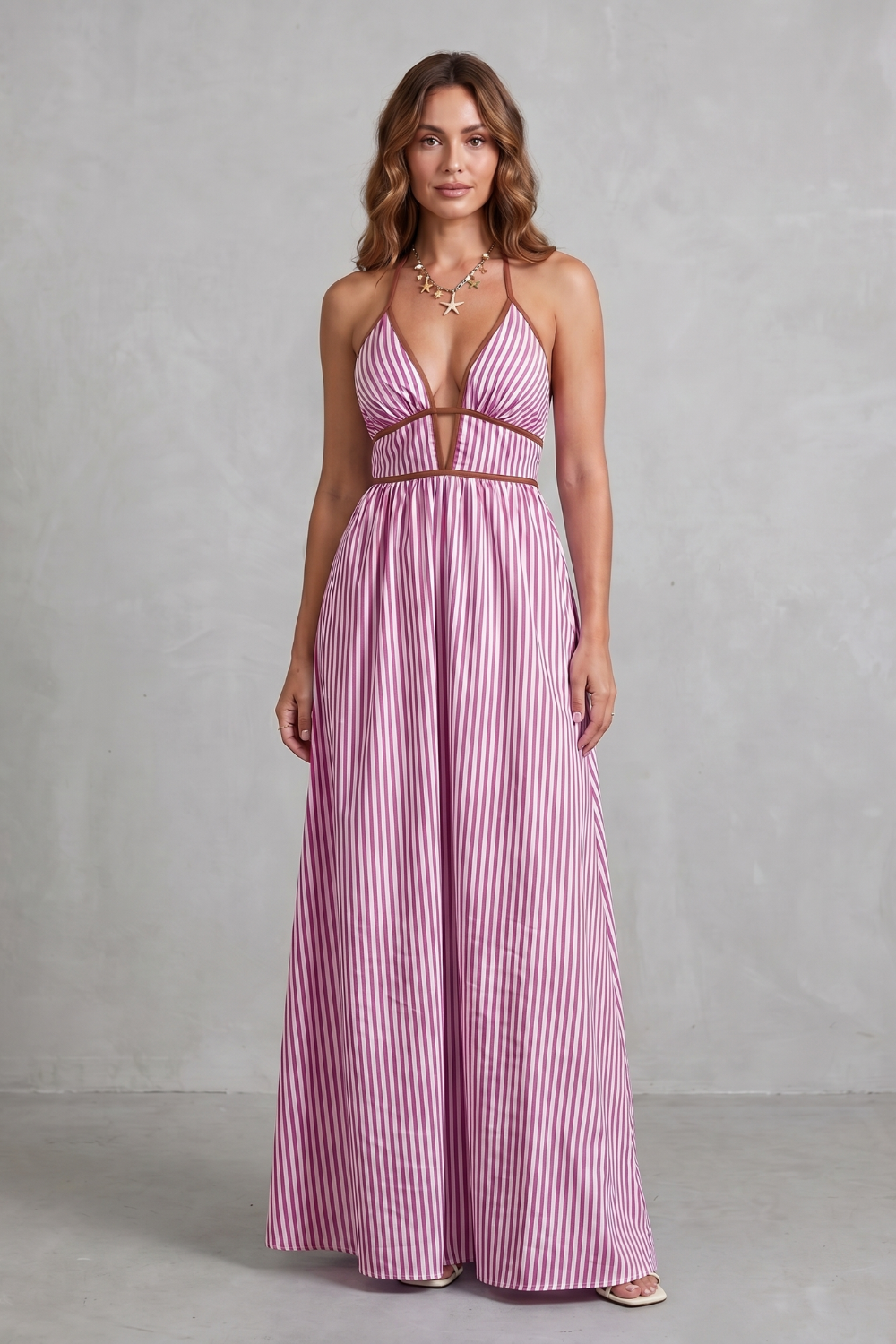Serelisse – Silhueta listrada com costas abertas – Vestido longo
