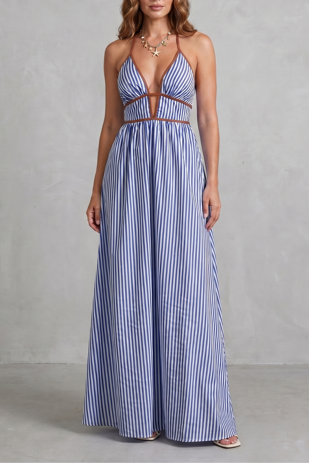 Serelisse – Silhueta listrada com costas abertas – Vestido longo