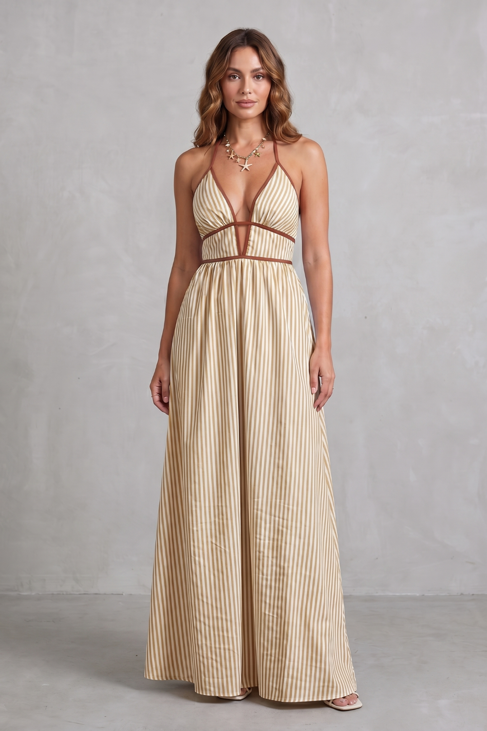 Serelisse – Silhueta listrada com costas abertas – Vestido longo