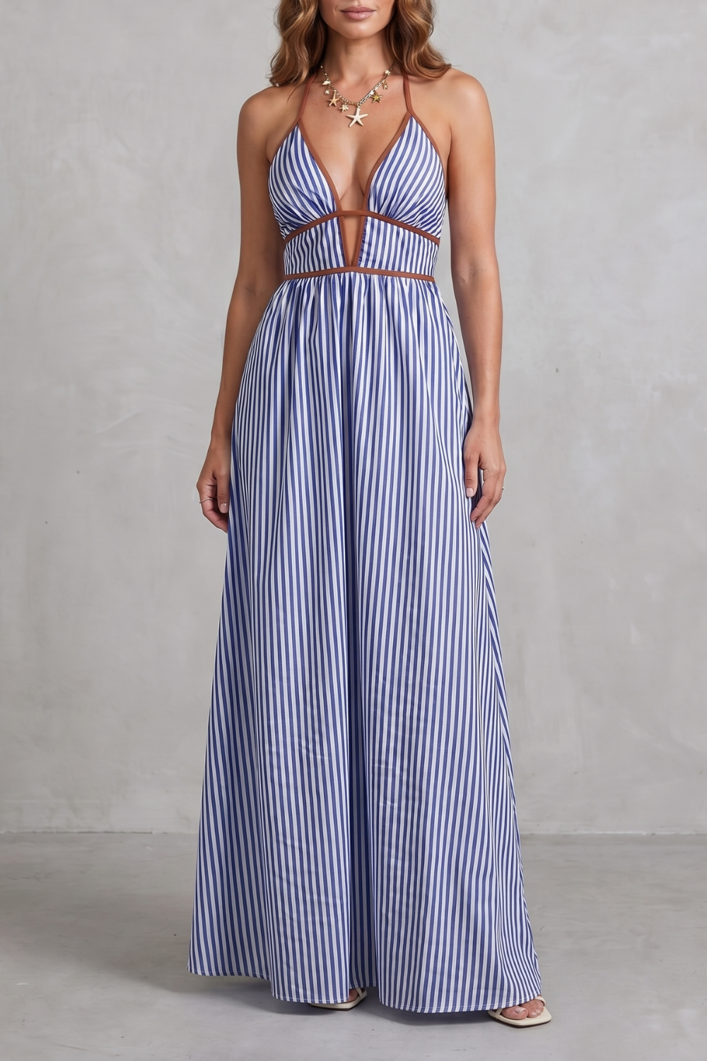 Serelisse – Silhueta listrada com costas abertas – Vestido longo
