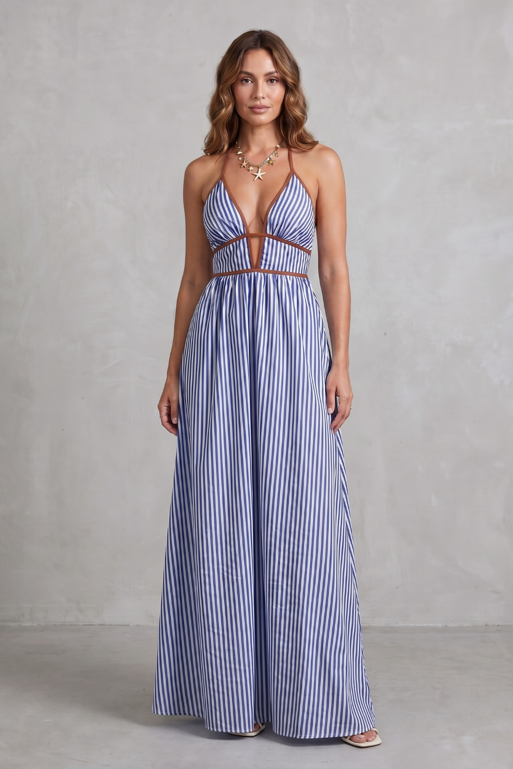 Serelisse – Silhueta listrada com costas abertas – Vestido longo