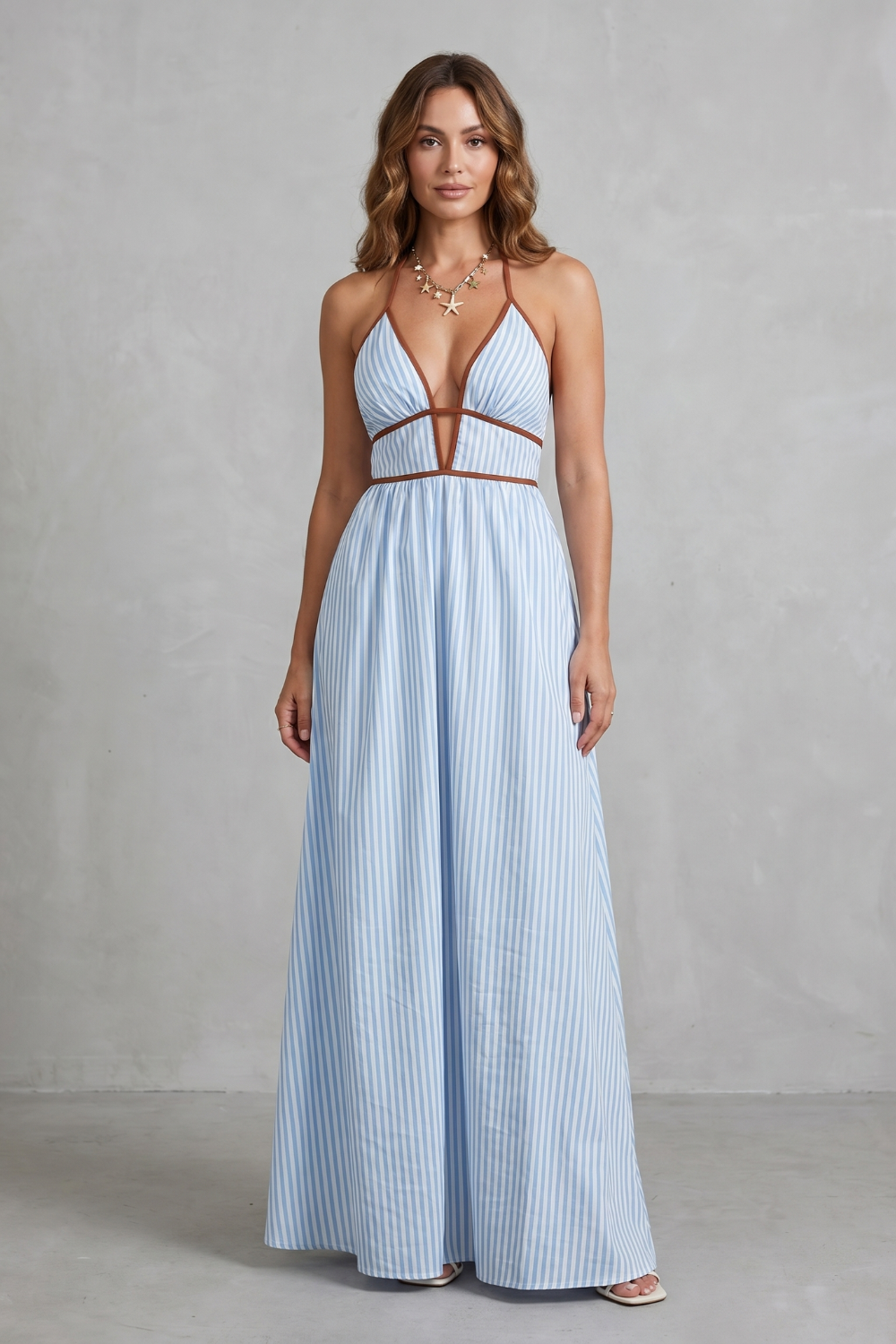 Serelisse – Silhueta listrada com costas abertas – Vestido longo