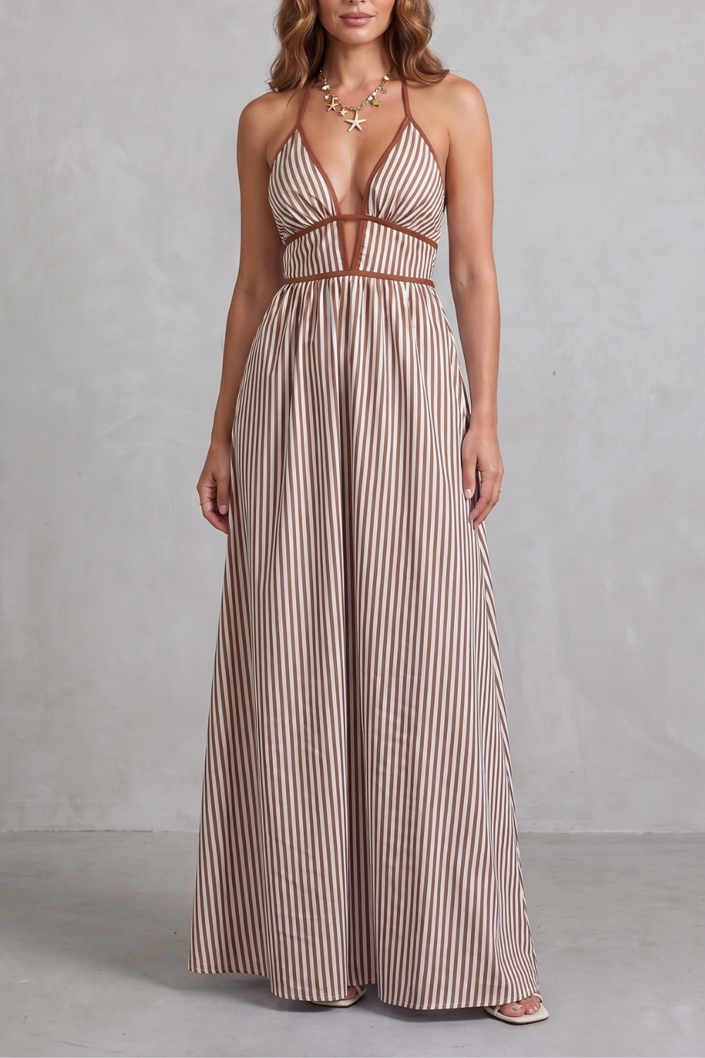 Serelisse – Silhueta listrada com costas abertas – Vestido longo
