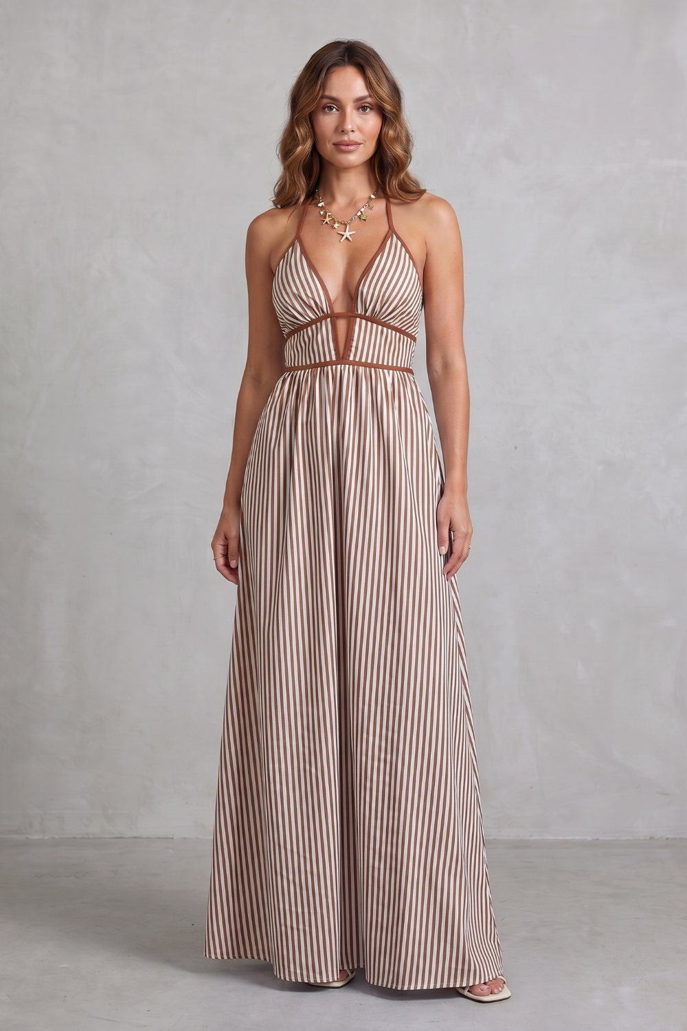 Serelisse – Silhueta listrada com costas abertas – Vestido longo
