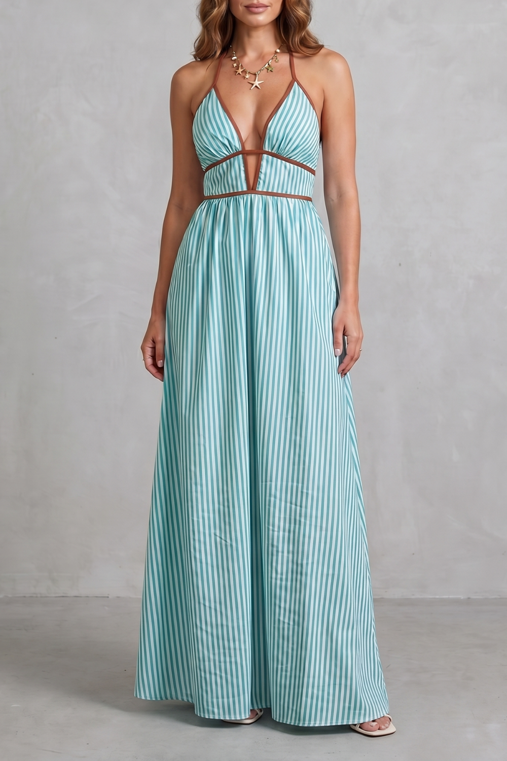 Serelisse – Silhueta listrada com costas abertas – Vestido longo