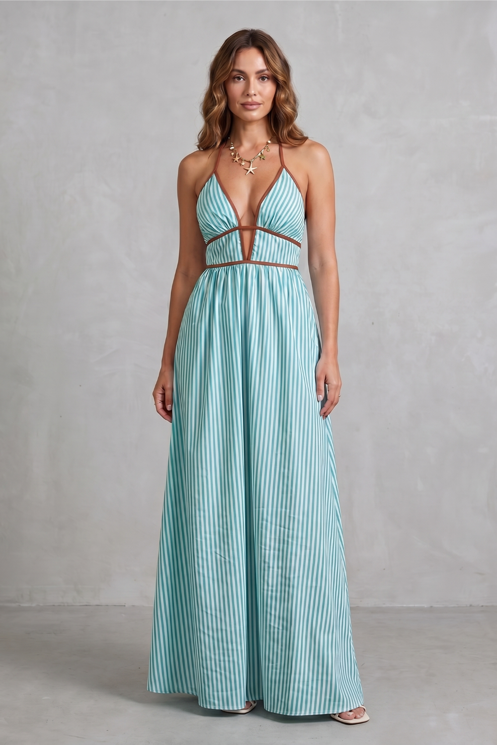 Serelisse – Silhueta listrada com costas abertas – Vestido longo