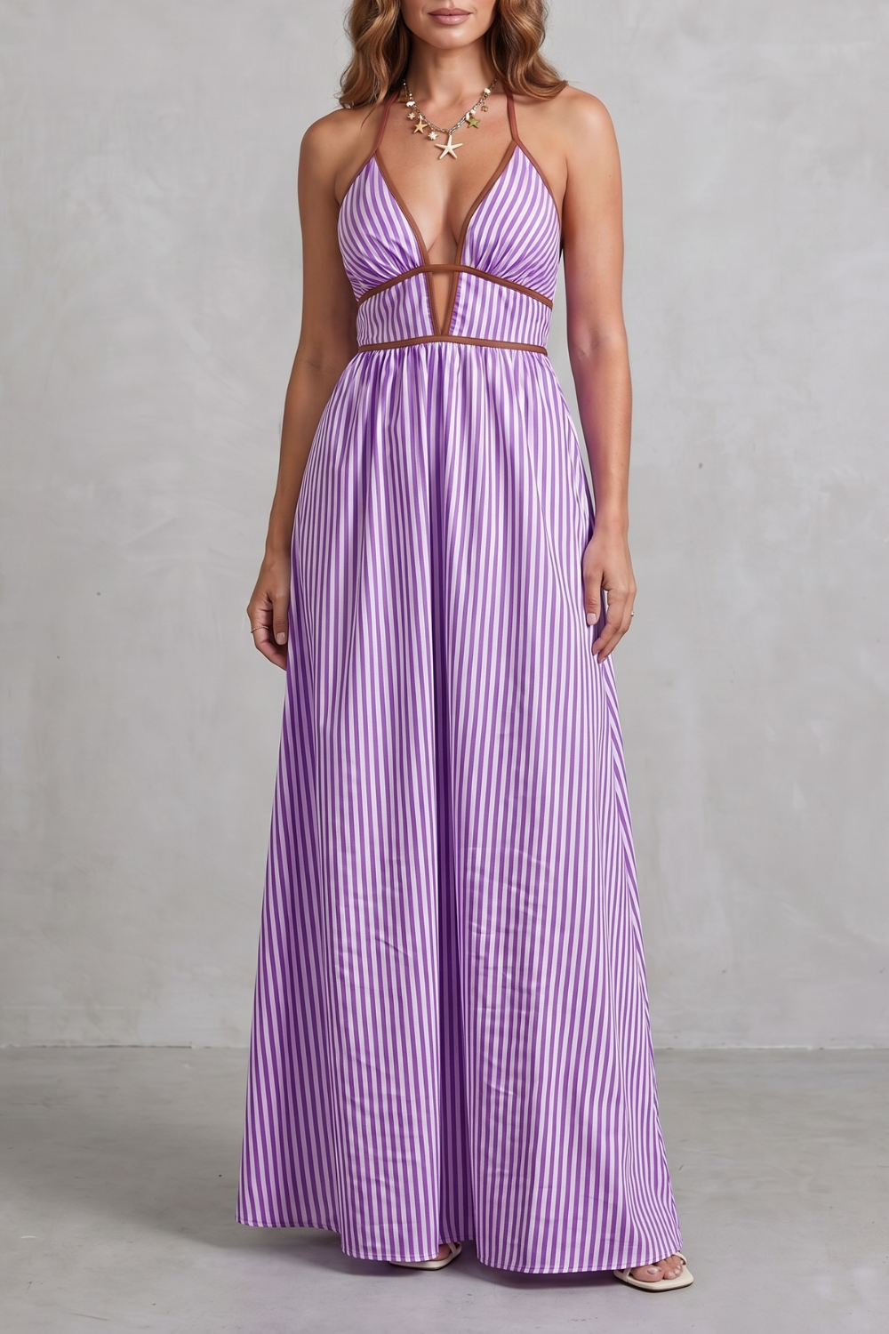 Serelisse – Silhueta listrada com costas abertas – Vestido longo