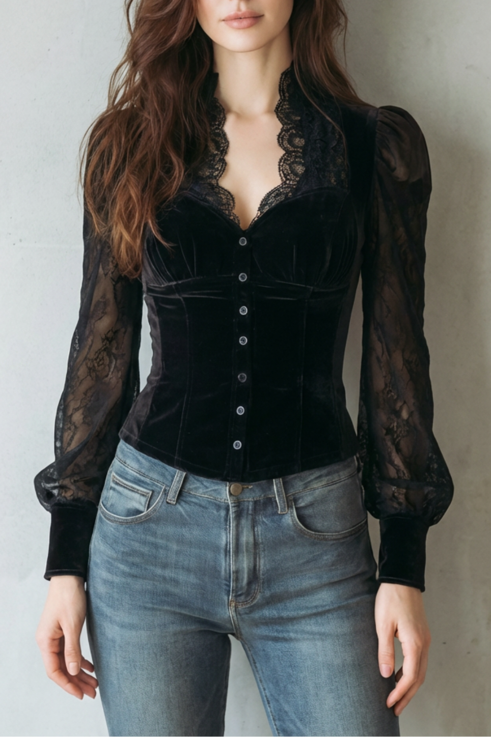 Serevine – Elegância com renda e veludo – Blusa justa de veludo