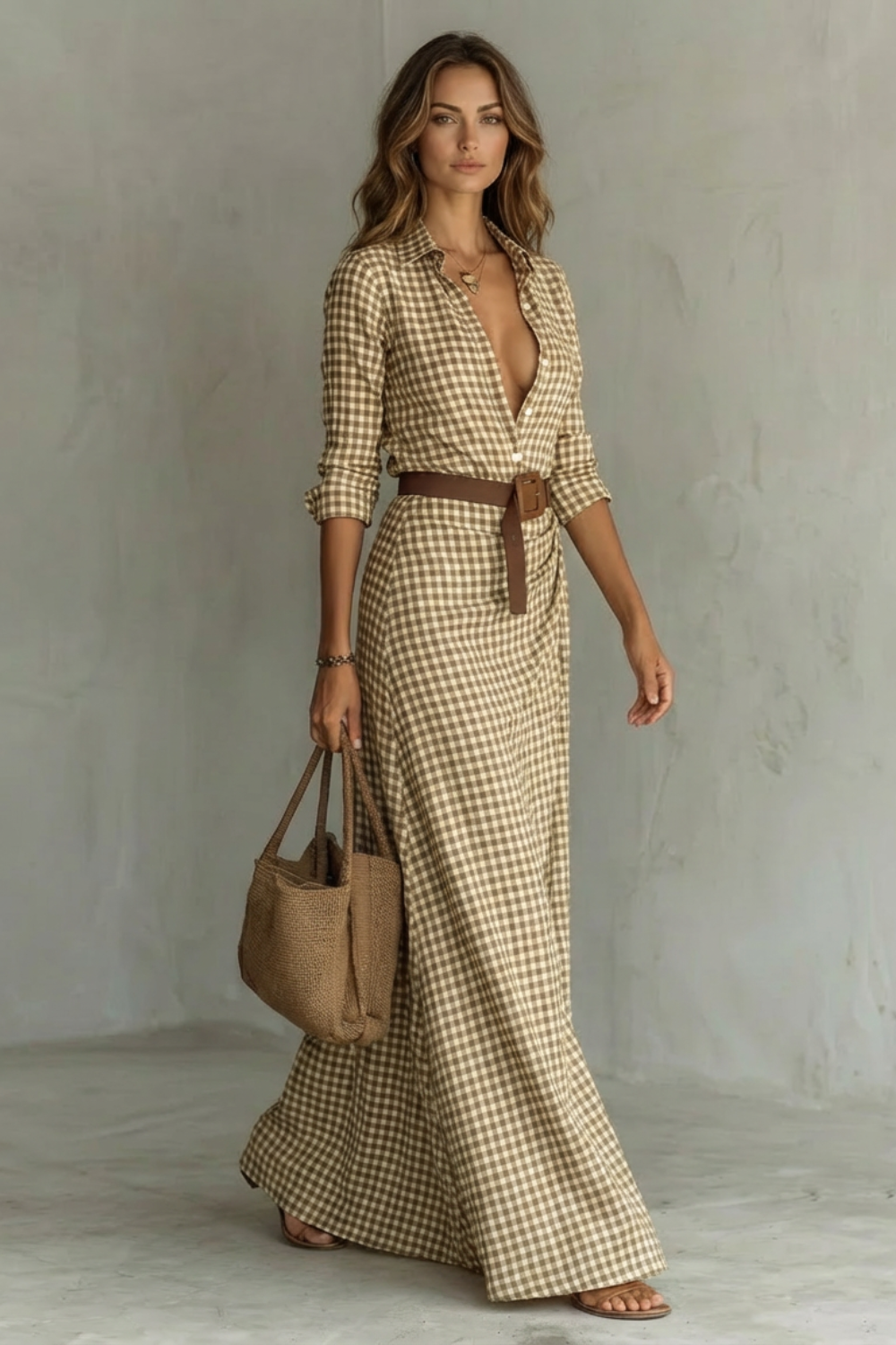 Sienna – Vestido Chemise Longo Plissado com Cinto – Cor Sólida Outono