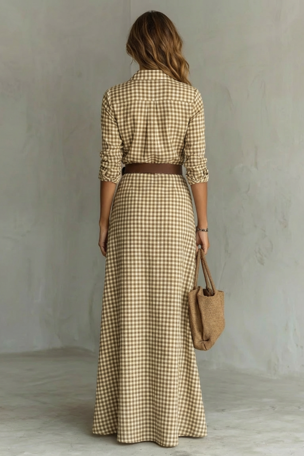 Sienna – Vestido Chemise Longo Plissado com Cinto – Cor Sólida Outono