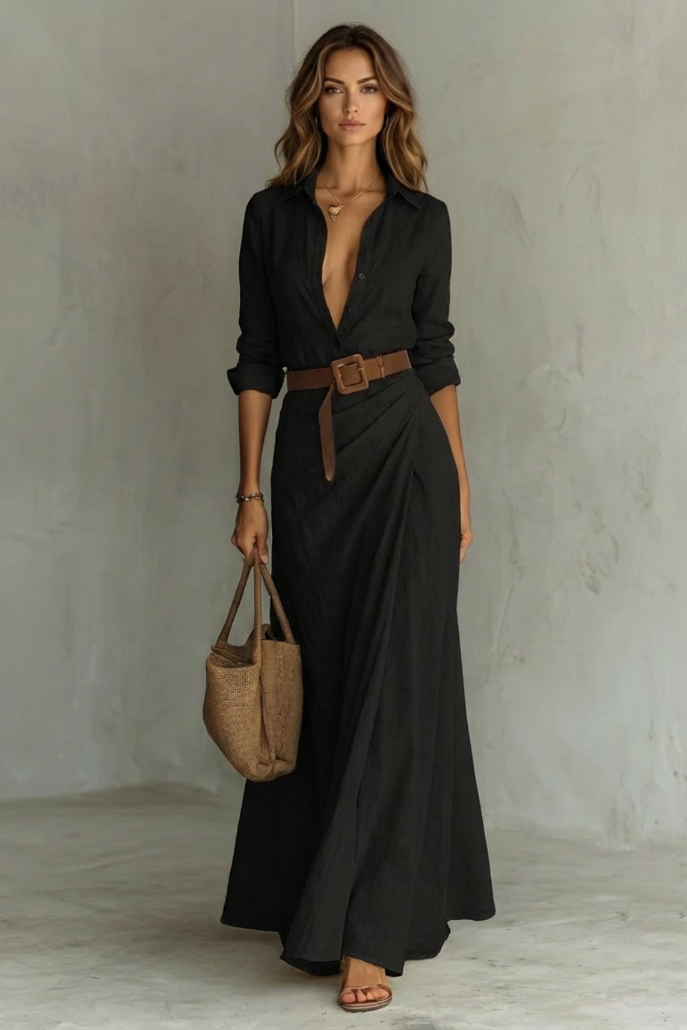 Sienna – Vestido Chemise Longo Plissado com Cinto – Cor Sólida Outono