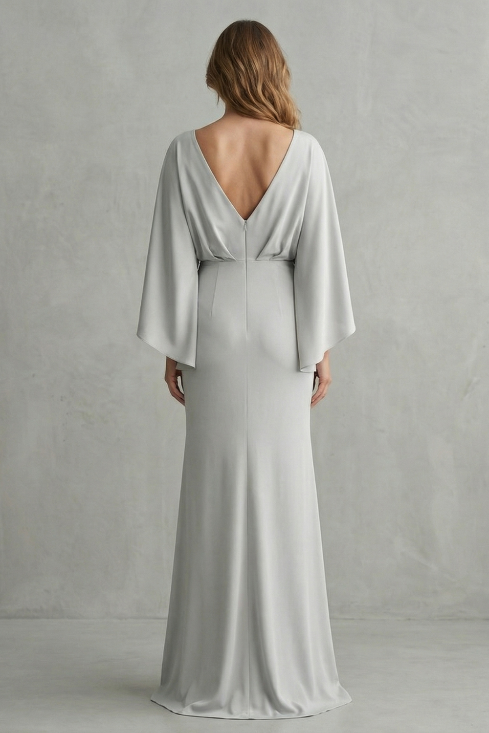 Silvarelle – Elegância drapeada com manga morcego – Vestido longo