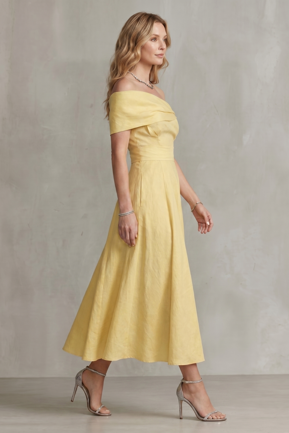 Soléane – Elegância em linho com ombro a ombro – Vestido longo