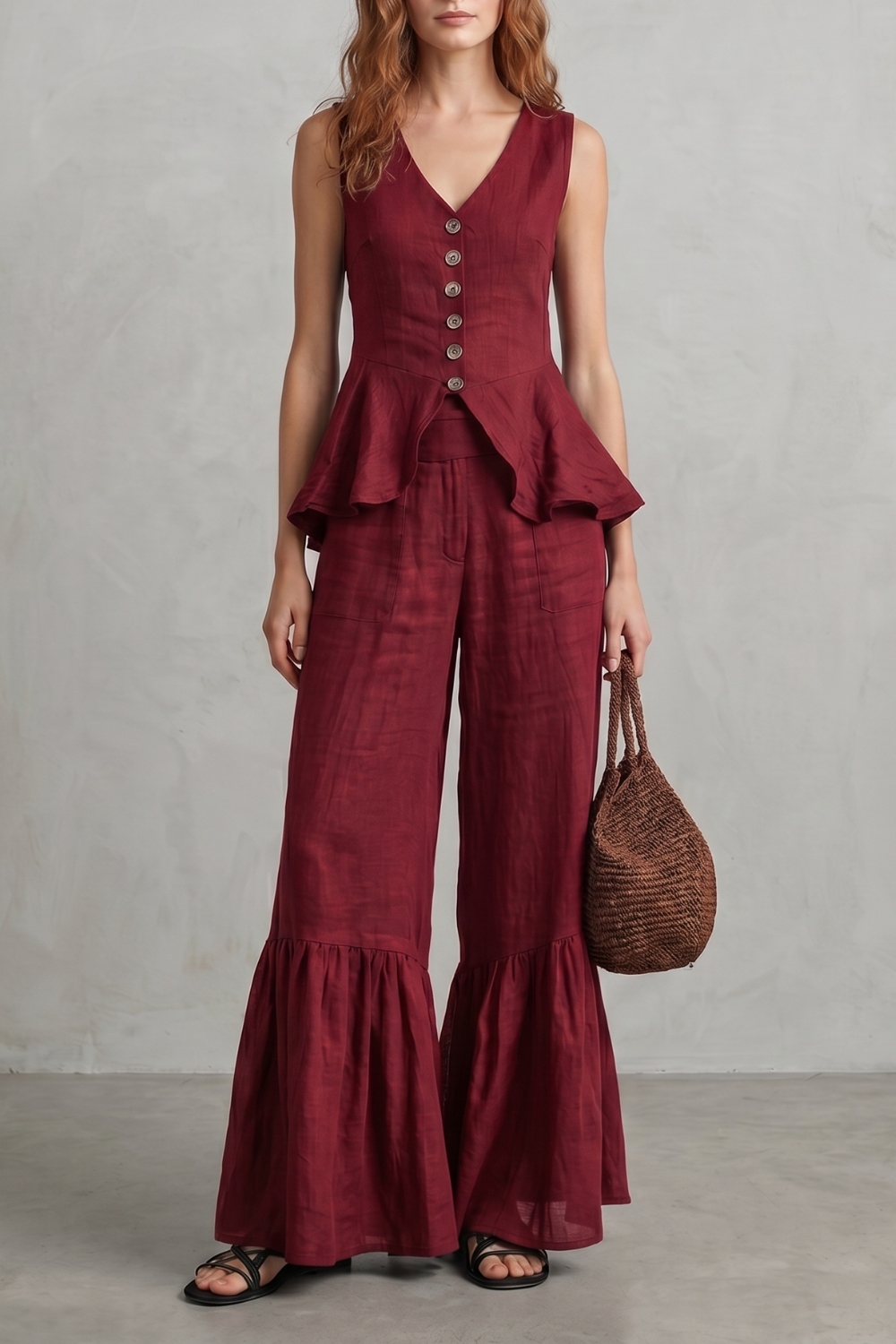 Solivette – Elegância de resort com babados – Conjunto de calças