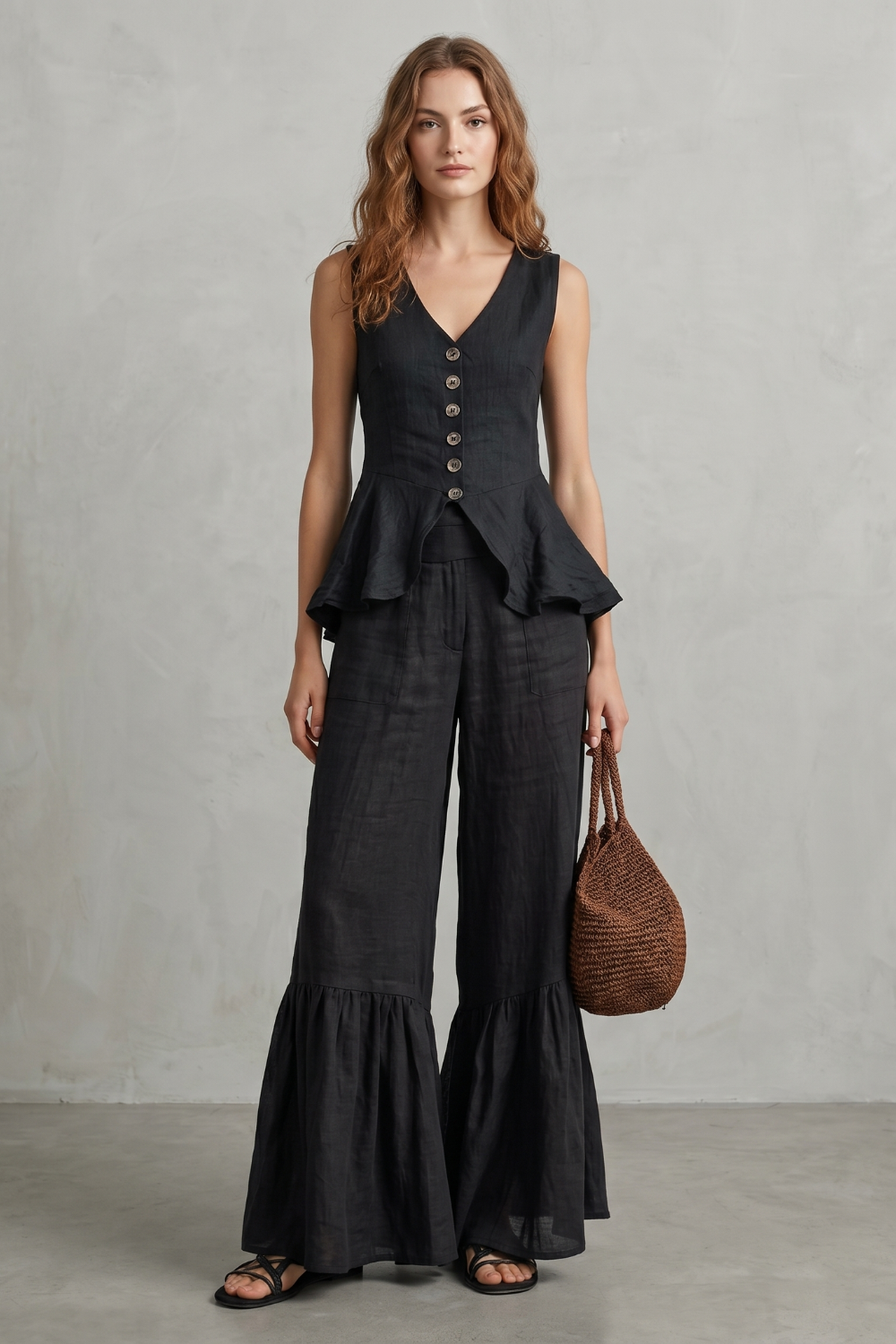Solivette – Elegância de resort com babados – Conjunto de calças