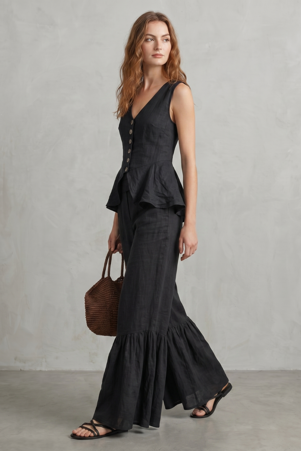 Solivette – Elegância de resort com babados – Conjunto de calças