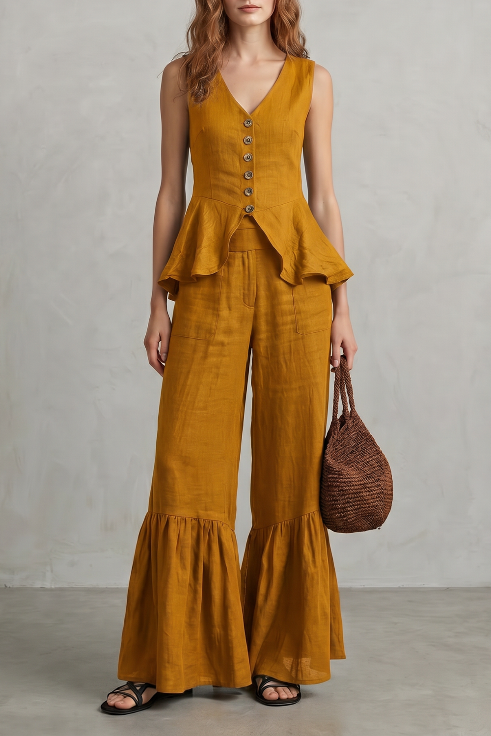 Solivette – Elegância de resort com babados – Conjunto de calças