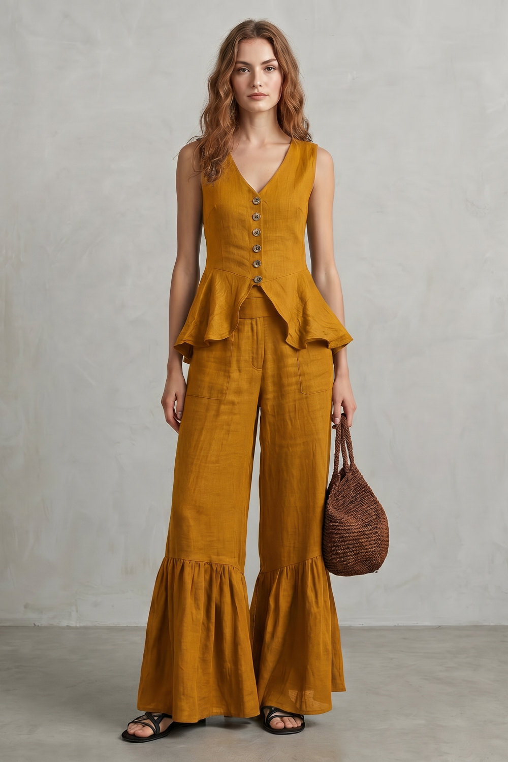 Solivette – Elegância de resort com babados – Conjunto de calças