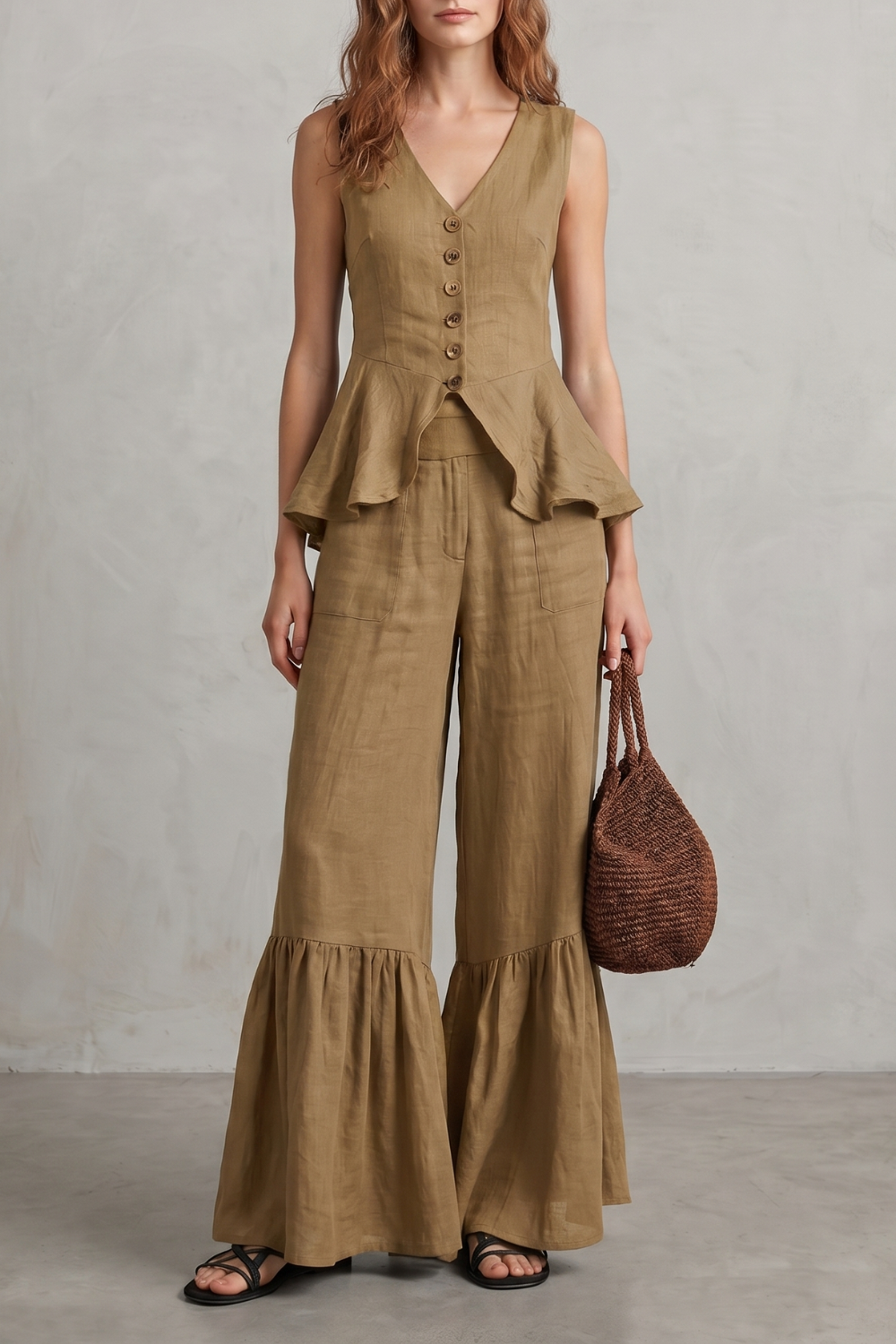 Solivette – Elegância de resort com babados – Conjunto de calças