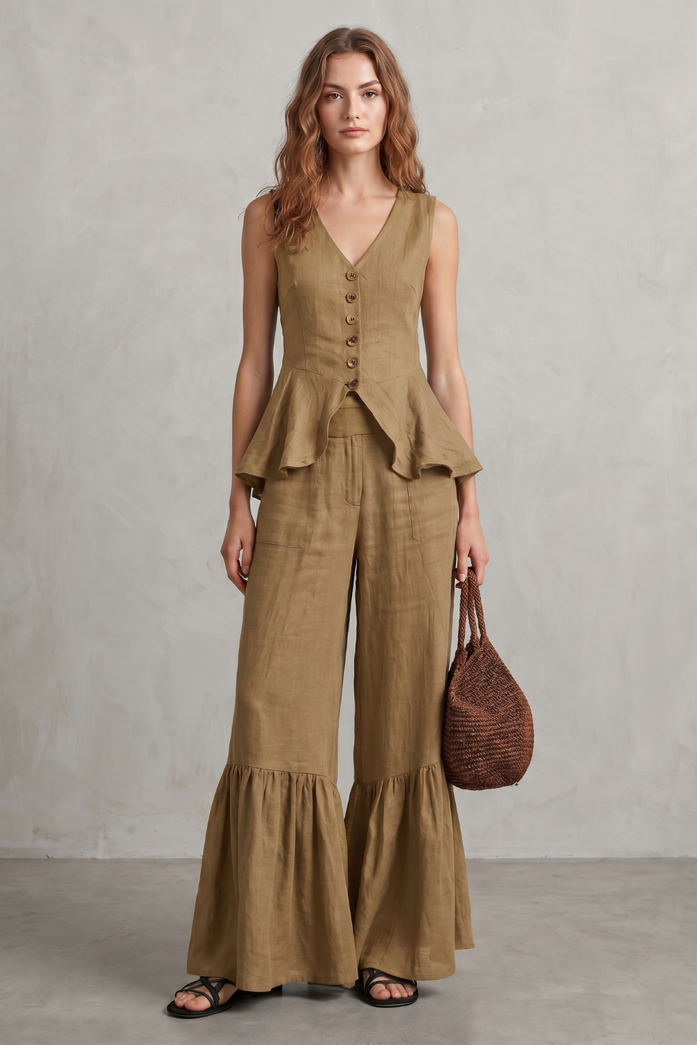 Solivette – Elegância de resort com babados – Conjunto de calças