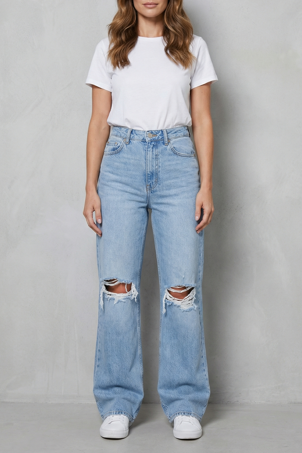 Valerique – Silhueta flare vintage – Calça jeans rasgada