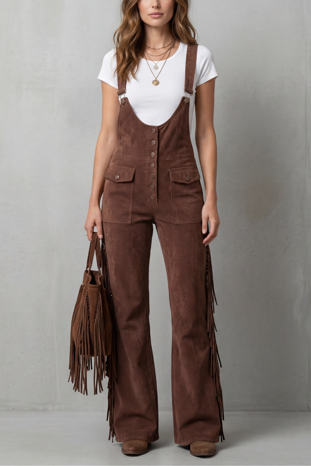 Valnera – Detalhe de franjas estilo western – Macacão flare