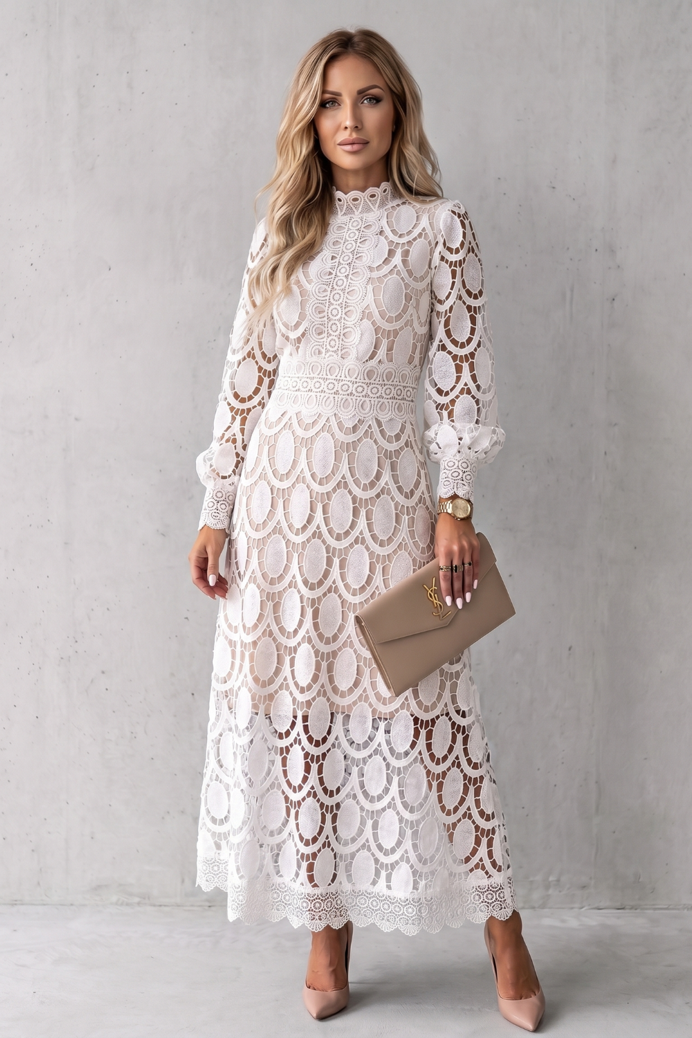 Velmira – Elegância em renda trabalhada – Vestido midi