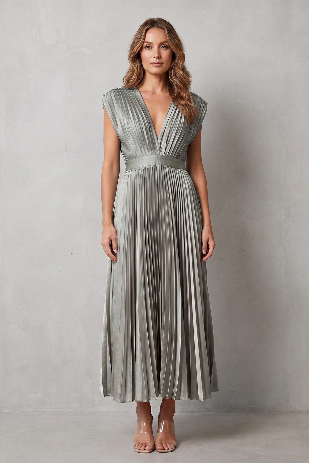Veloria – Elegância plissada e fluida – Vestido midi