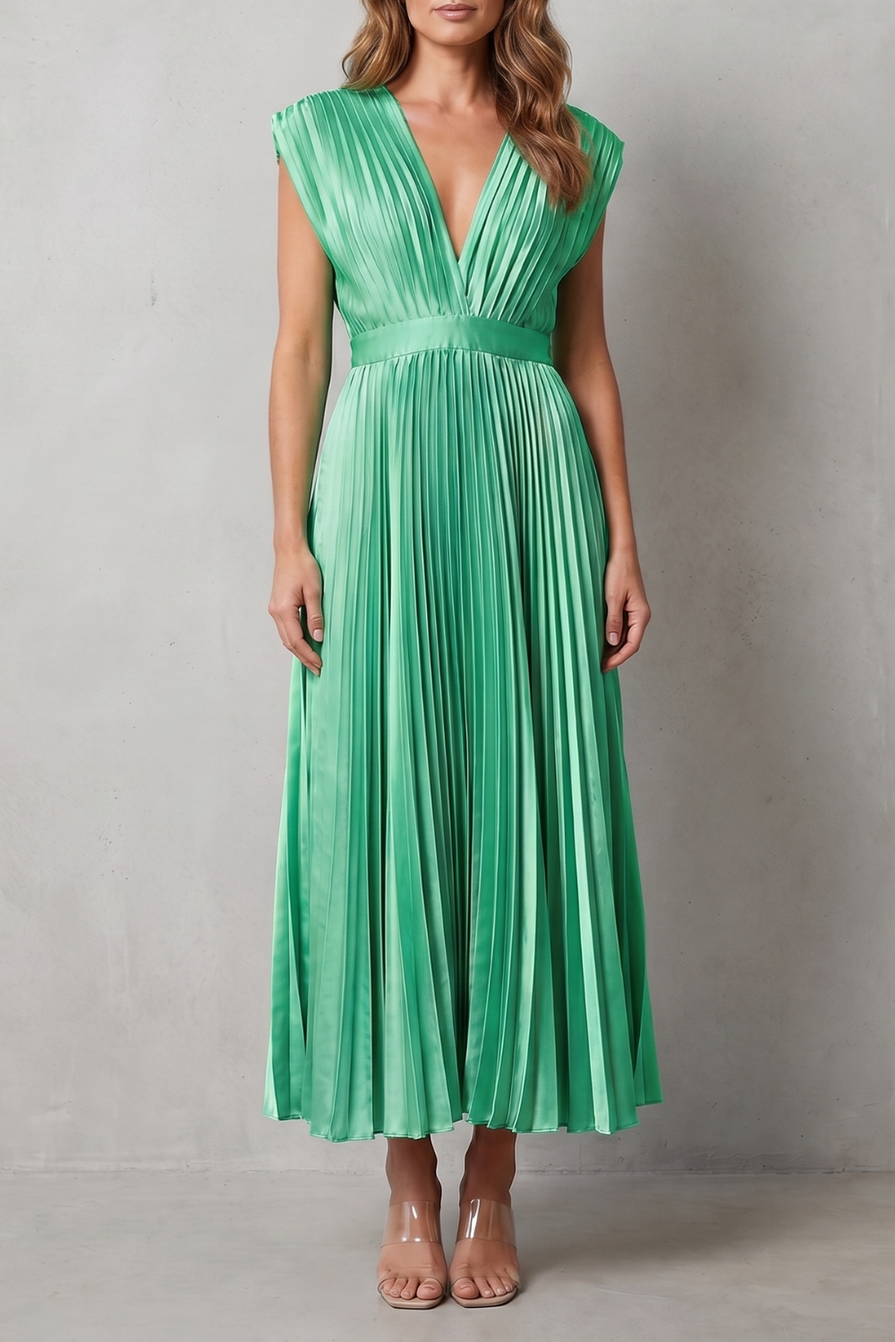 Veloria – Elegância plissada e fluida – Vestido midi