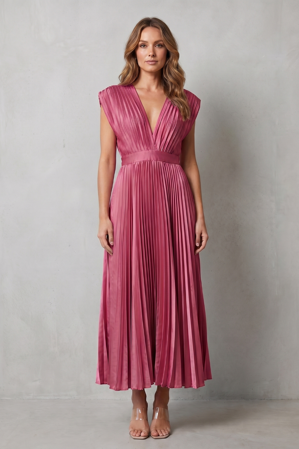 Veloria – Elegância plissada e fluida – Vestido midi