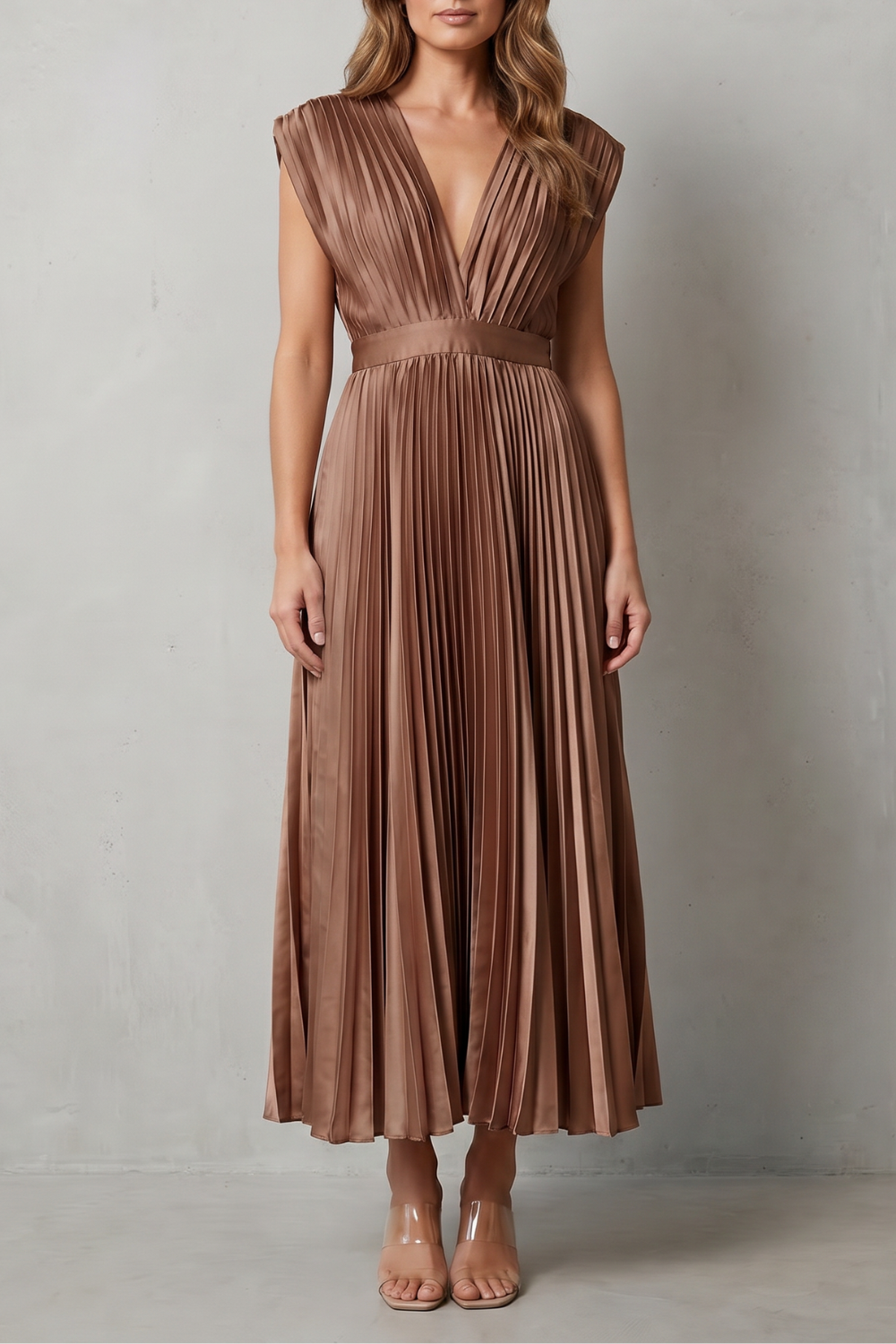 Veloria – Elegância plissada e fluida – Vestido midi