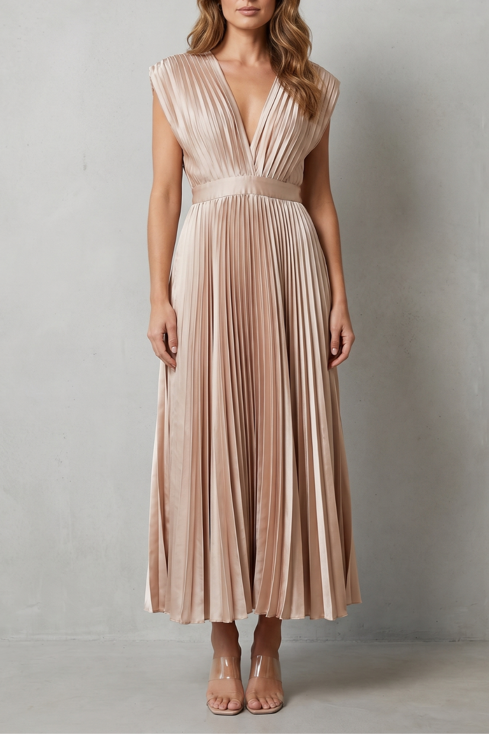 Veloria – Elegância plissada e fluida – Vestido midi