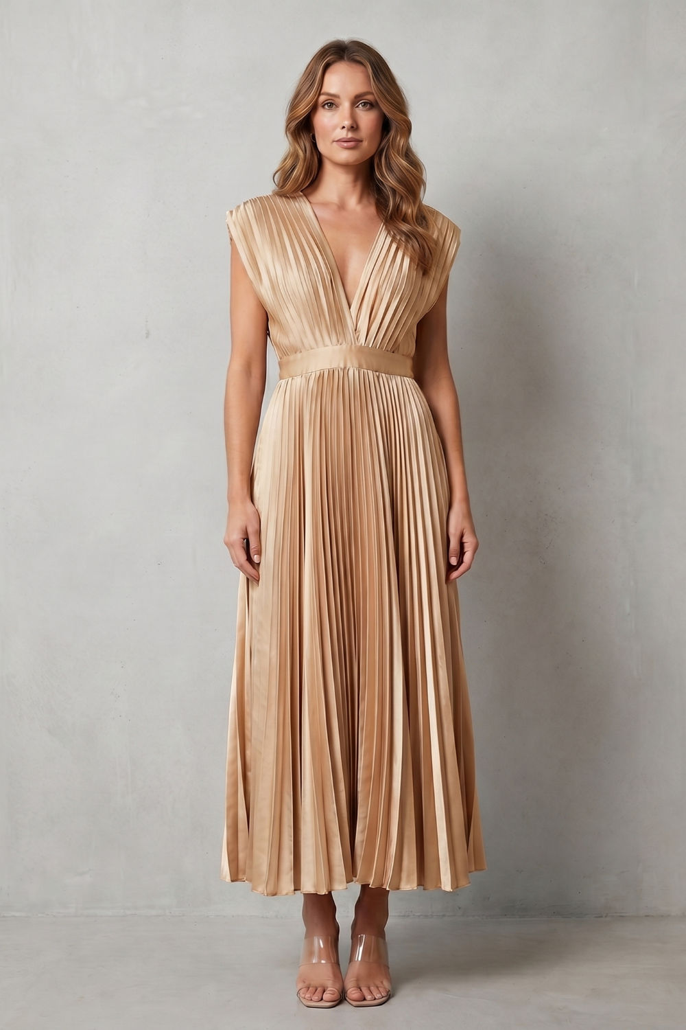 Veloria – Elegância plissada e fluida – Vestido midi