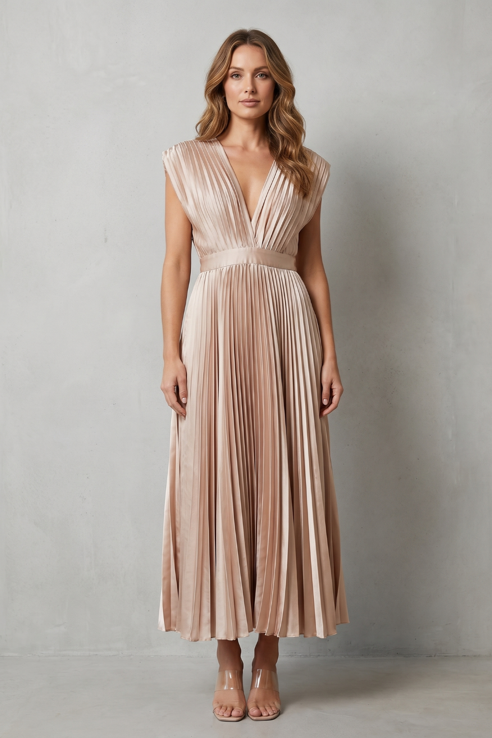 Veloria – Elegância plissada e fluida – Vestido midi
