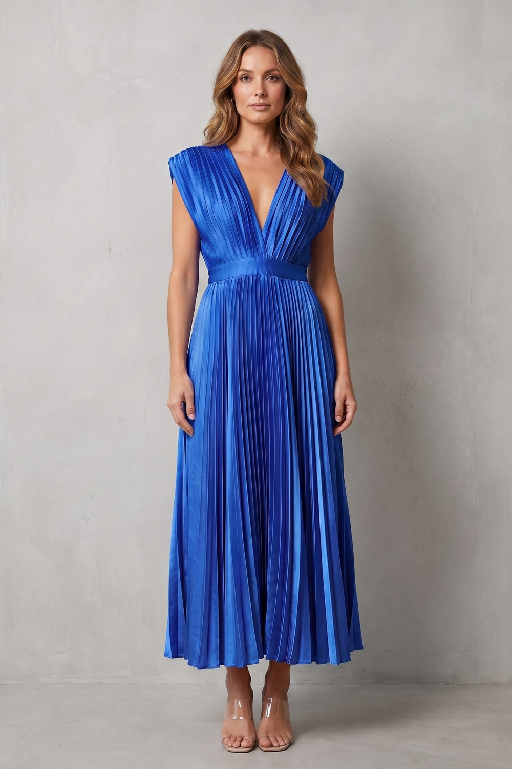 Veloria – Elegância plissada e fluida – Vestido midi