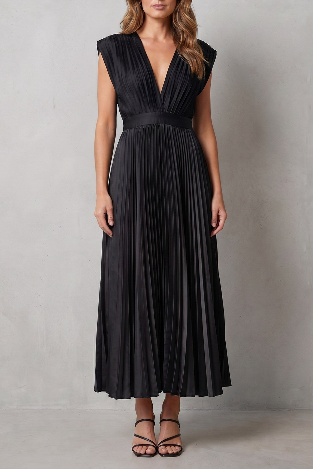 Veloria – Elegância plissada e fluida – Vestido midi