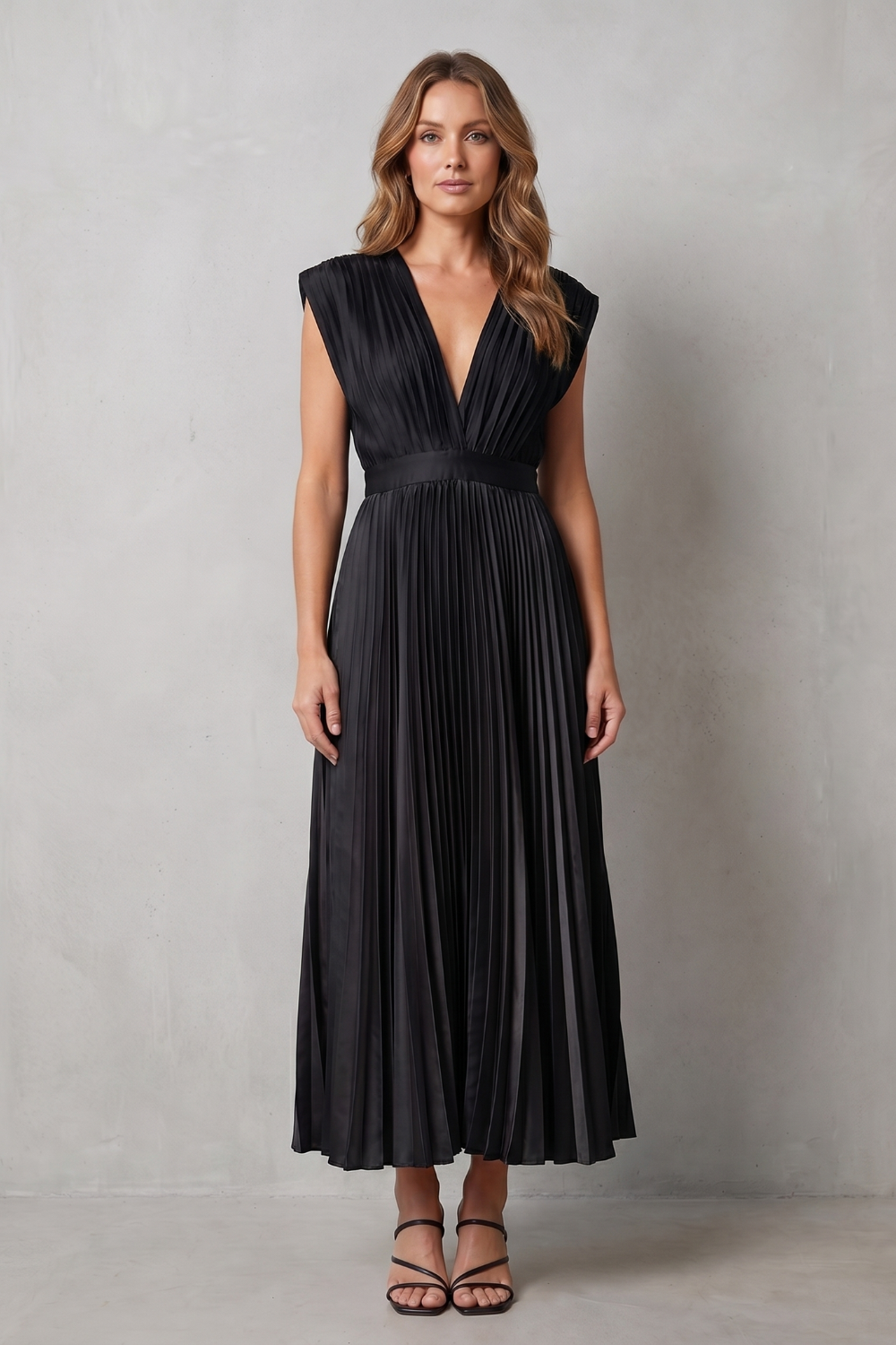 Veloria – Elegância plissada e fluida – Vestido midi