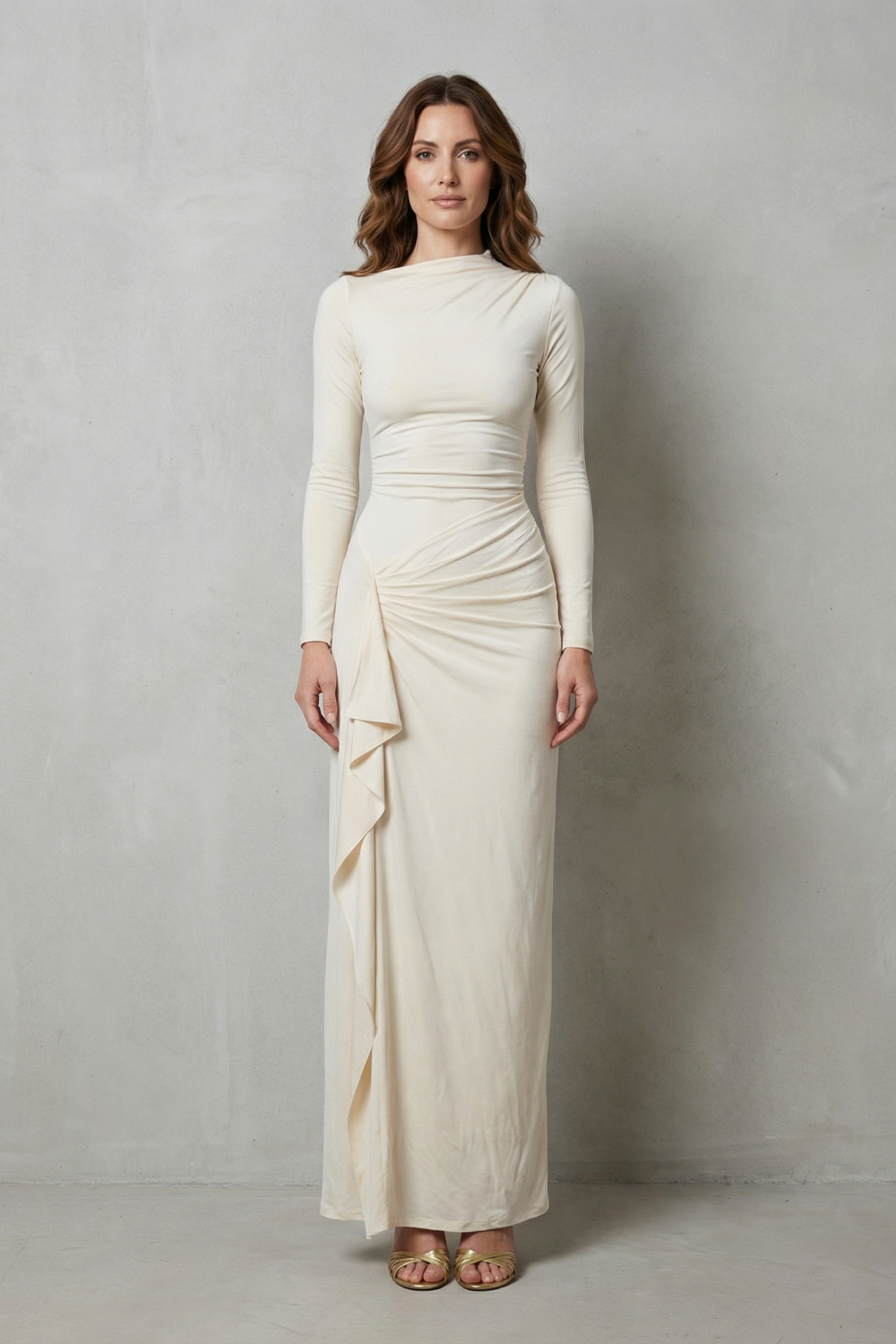 Veneta – Drapeado lateral esculpido – Vestido longo de manga comprida