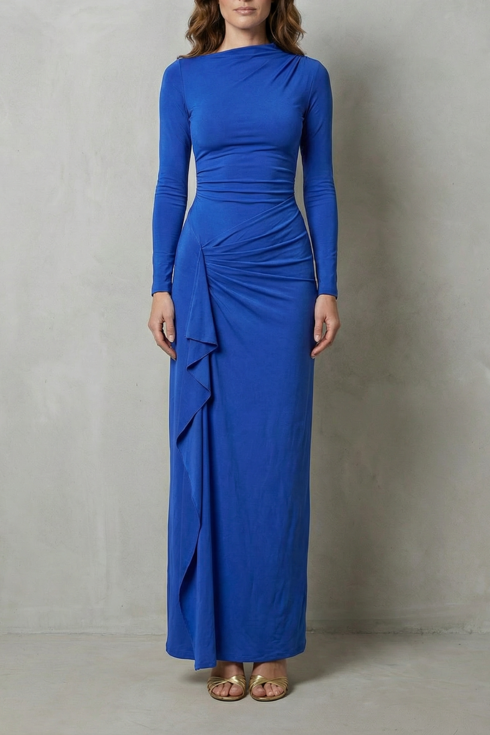 Veneta – Drapeado lateral esculpido – Vestido longo de manga comprida
