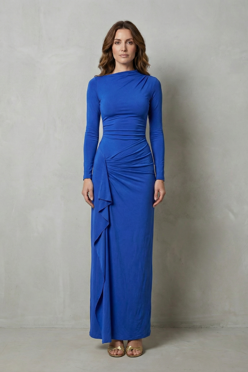 Veneta – Drapeado lateral esculpido – Vestido longo de manga comprida
