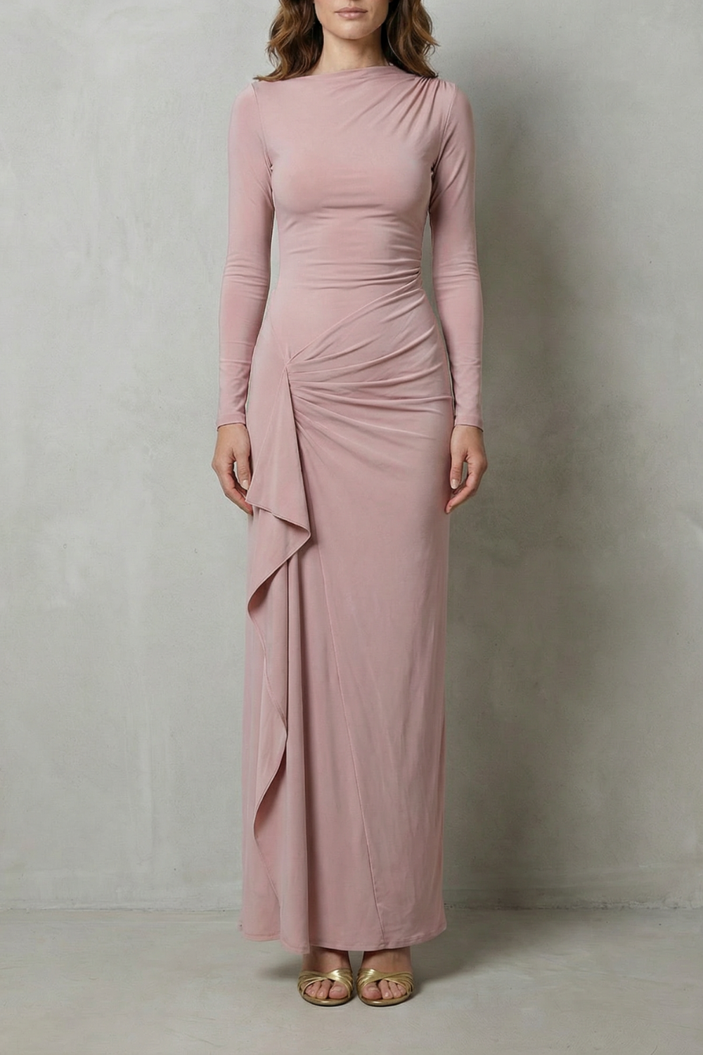 Veneta – Drapeado lateral esculpido – Vestido longo de manga comprida