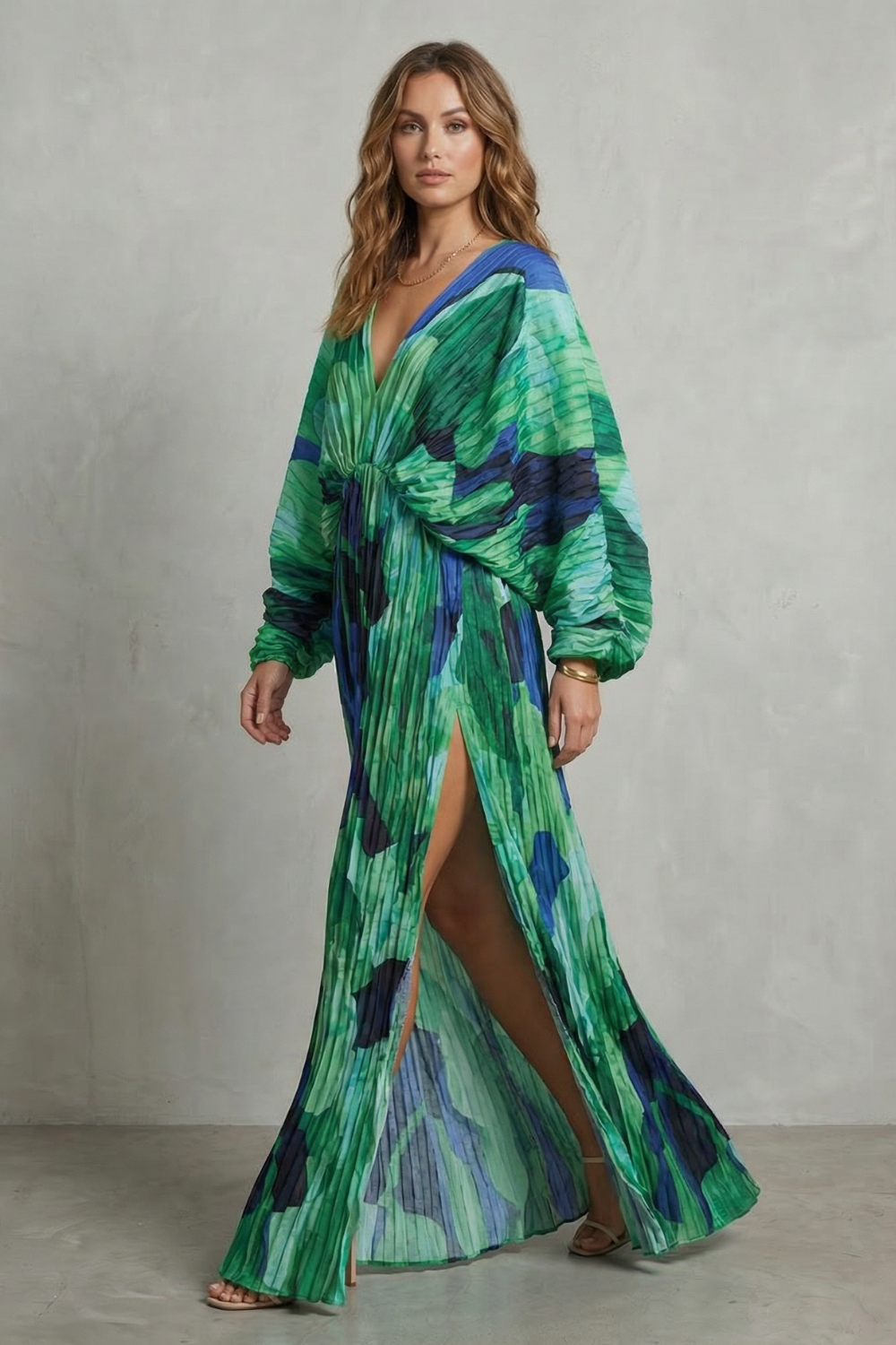 Verdanova – Charme de quimono plissado – Vestido longo
