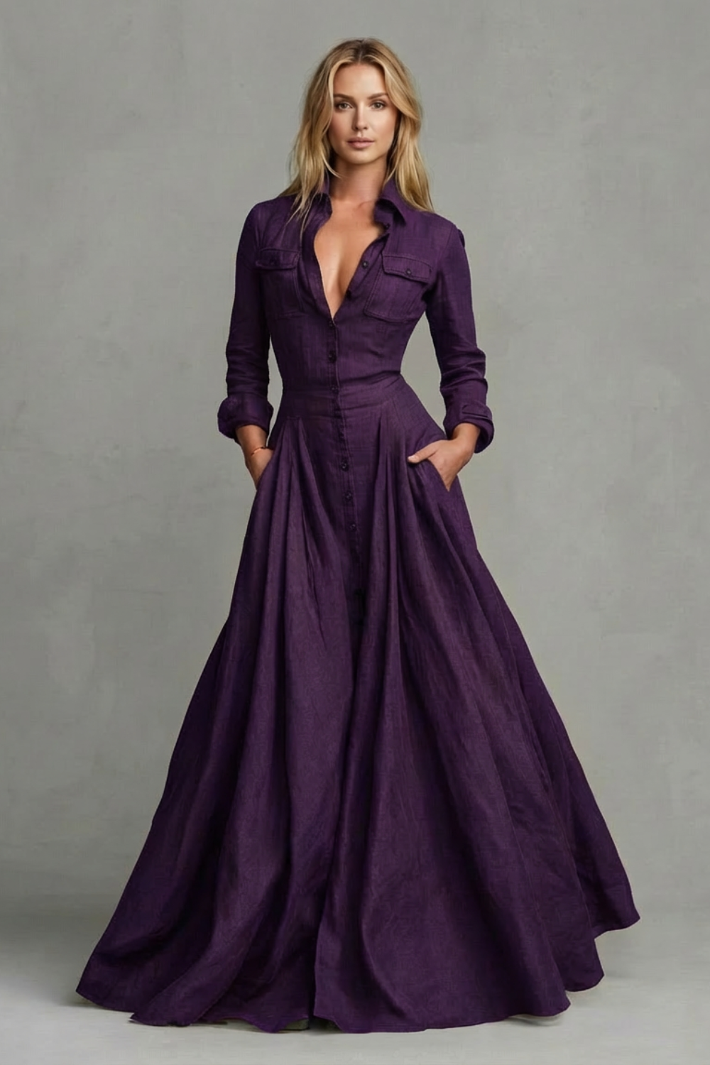 Verona – Vestido Longo com Gola e Manga Longa