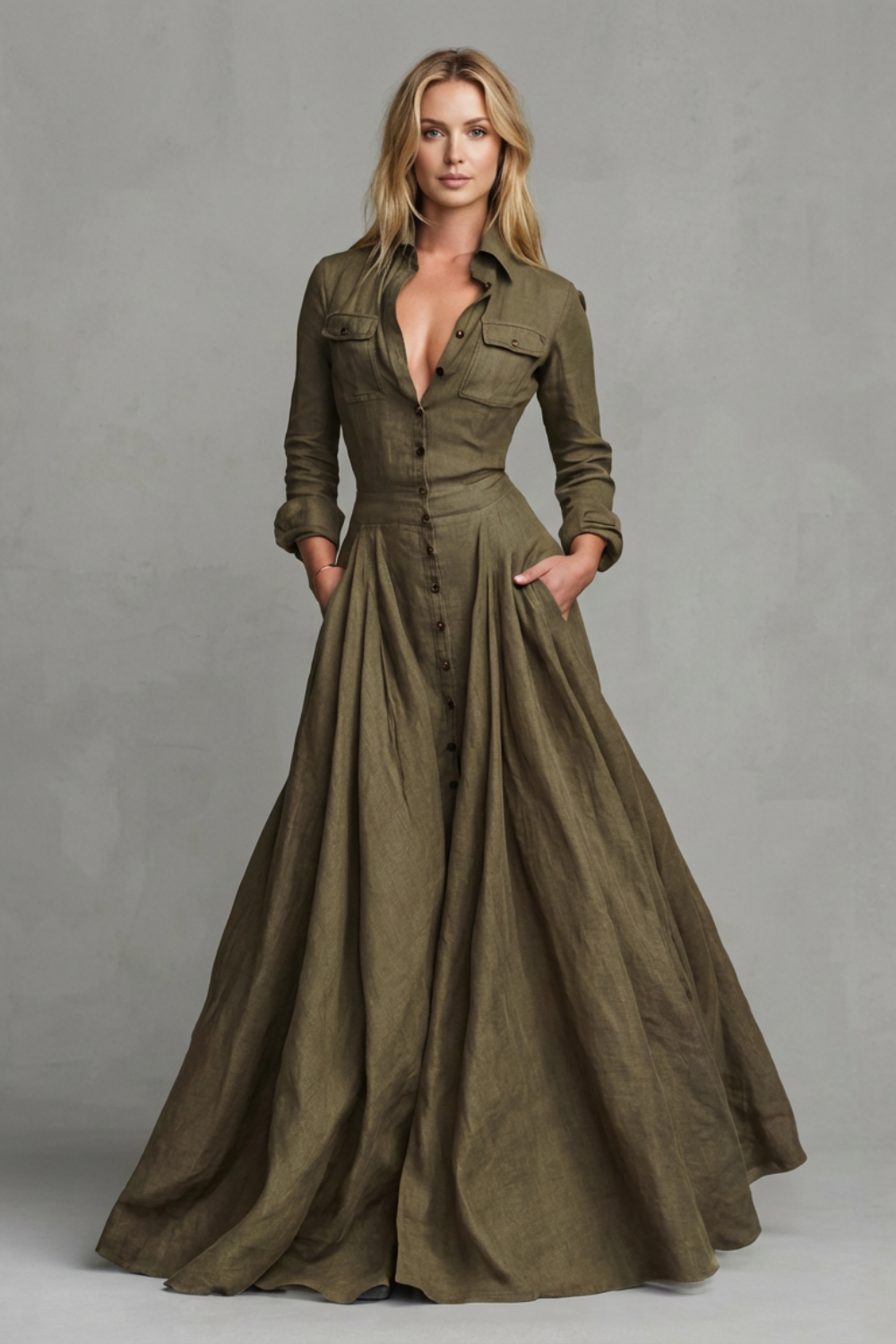 Verona – Vestido Longo com Gola e Manga Longa