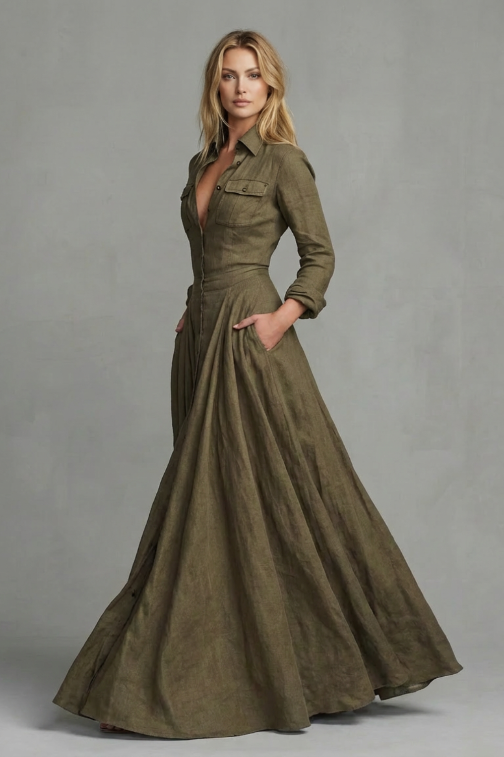 Verona – Vestido Longo com Gola e Manga Longa
